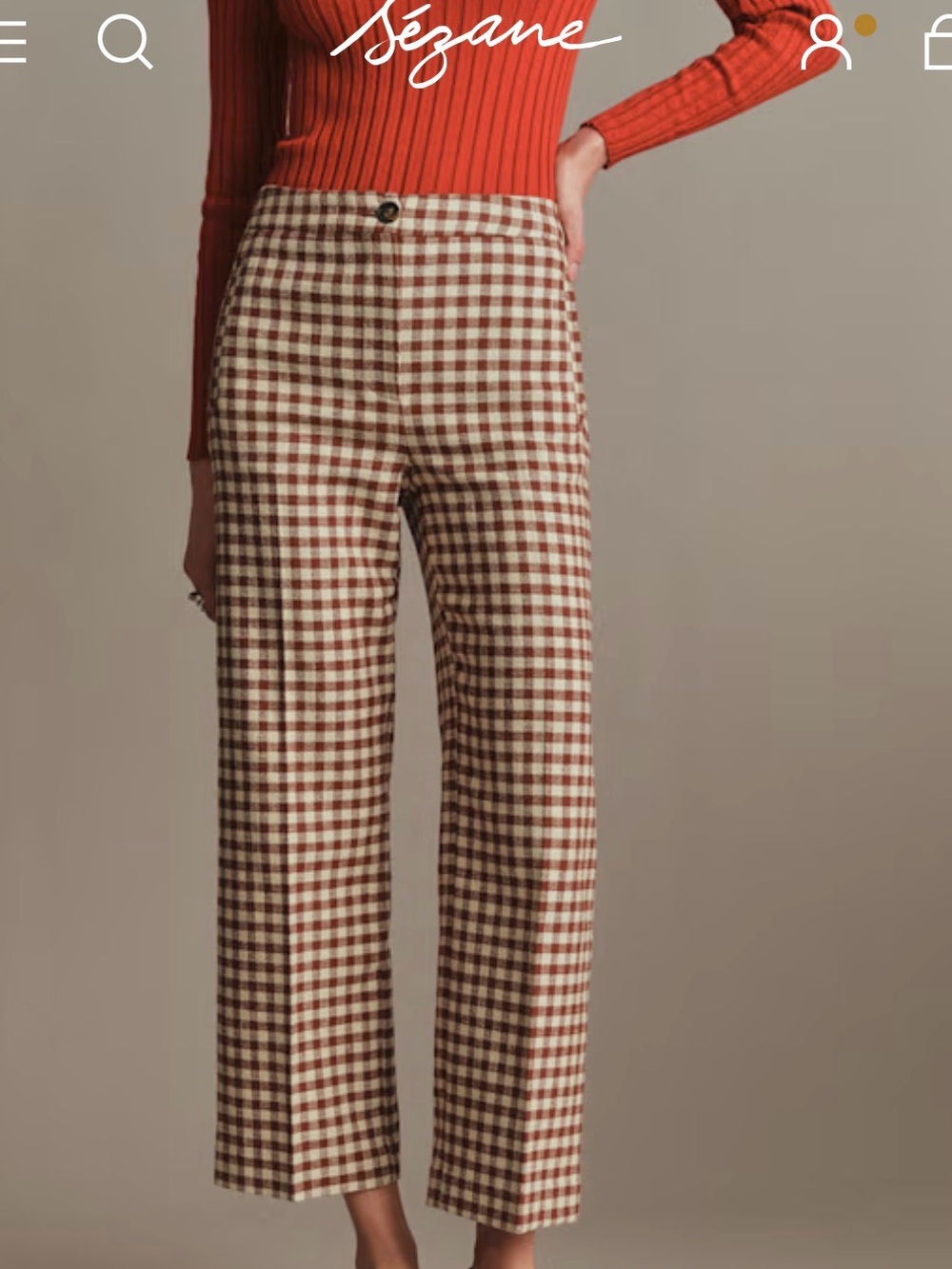 Sezane Brown & Cream Gingham Wide-Leg Pants